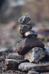 Close-up of stone stack on rock