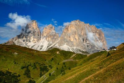 Panoramic view of landscape and mountains against blue sky