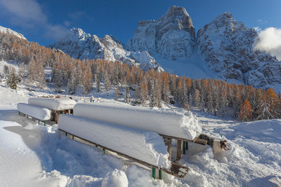 Snow-covered tables facing awesome mount pelmo winter panorama, dolomites, italy