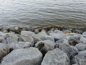 High angle view of pebbles on beach