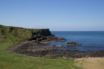 Scenic view of sea against clear blue sky