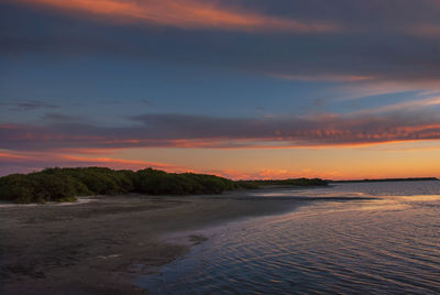 Scenic view of beach against sky during sunset