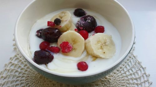 Close-up of breakfast in bowl on place mat