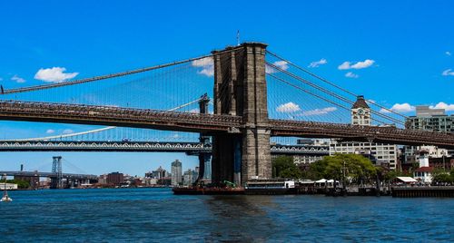 Bridge over river with city in background