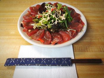 High angle view of food in plate on table