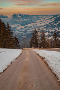 Road amidst trees against sky during winter