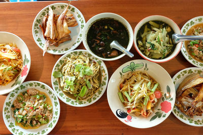 High angle view of food served on table