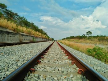 Railroad track amidst landscape against sky