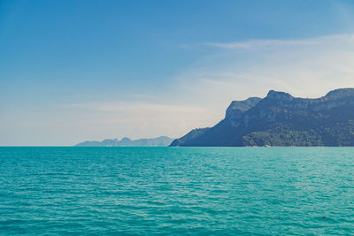 Scenic view of turquoise sea against sky on sunny day