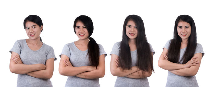 Multiple image of young woman smiling while standing against white background