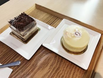 High angle view of cake served on table