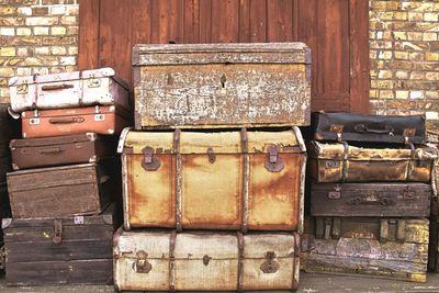 Close-up of old stack of box