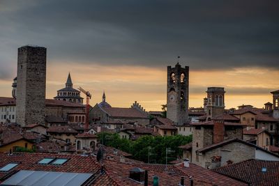 High angle view of townscape against sky during sunset