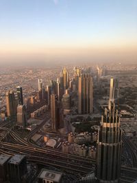 High angle view of cityscape at sunset