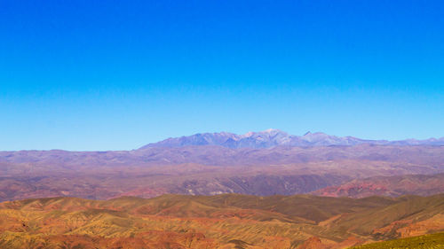 Scenic view of mountains against clear blue sky