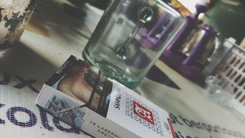 High angle view of bottles on table