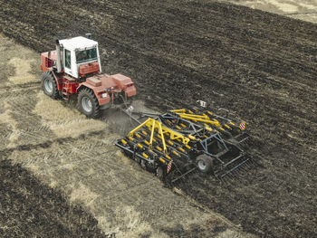 High angle view of worker working on road