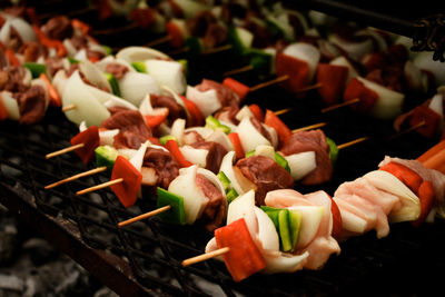 High angle view of vegetables on barbecue grill