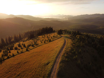 Aerial view of beautiful mountain carpathians, ukraine in sunlight. drone filmed an landscape with 