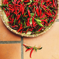 High angle view of red chili peppers in basket