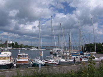 Boats moored in sea