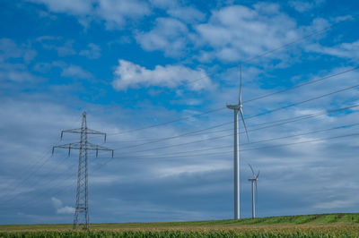 Windturbines in landscape at greussen, germany