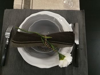 High angle view of flower in plate on table