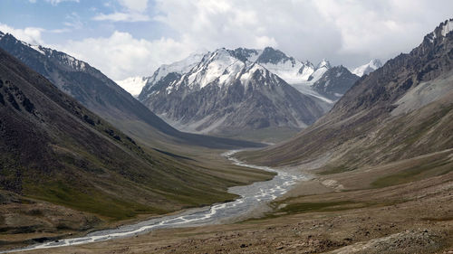 Scenic view of mountains against cloudy sky