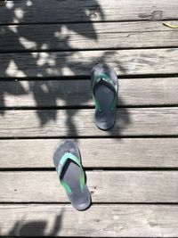 High angle view of bottle on wooden table