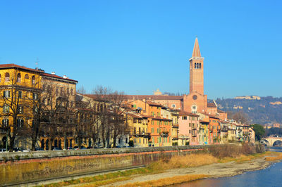 View of clock tower in city against clear sky