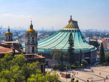 High angle view of buildings against sky