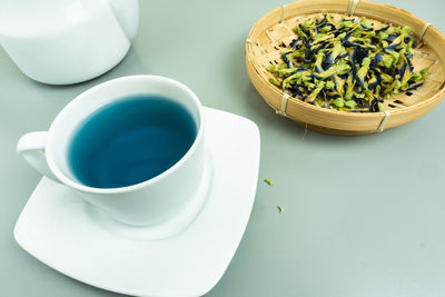 High angle view of tea cup on table