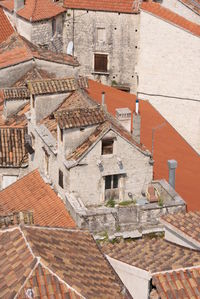 High angle view of old buildings in town