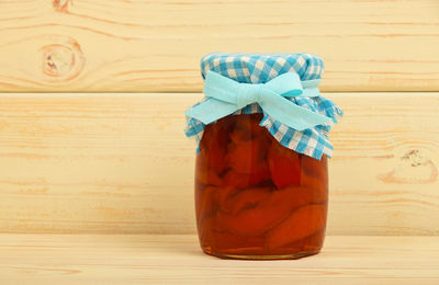 Close-up of drink in jar on table