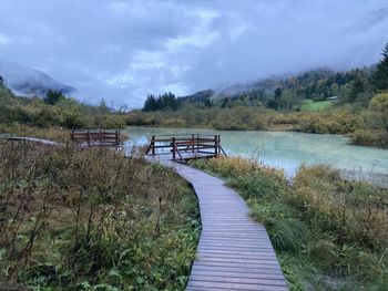 Footbridge over footpath amidst trees against sky