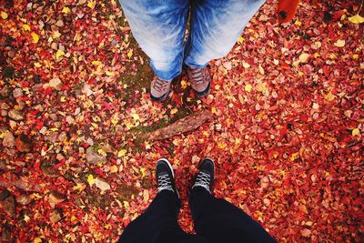 Low section of man standing on fallen autumn leaves