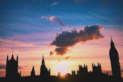 Silhouette of buildings at sunset