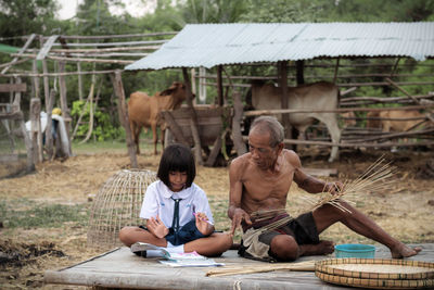 Girl with grandfather studying on field