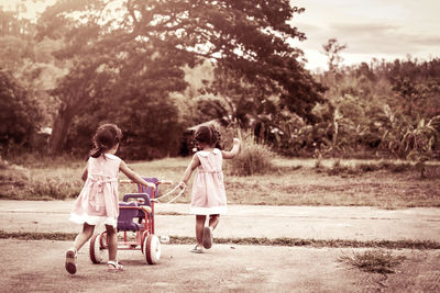 Siblings with tricycle walking in park