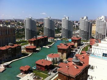 High angle view of buildings in city against sky