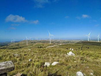 Wind turbines on field against sky