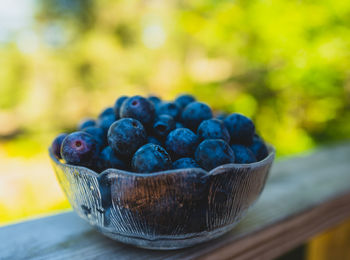 Close-up of blueberries in a glass dish