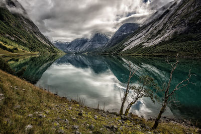 Scenic view of lake and mountains against sky