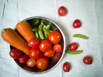 High angle view of tomatoes in bowl on table