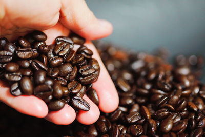 Cropped hand holding roasted coffee beans
