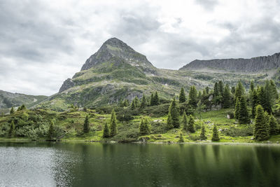 Scenic view of lake and mountains against sky