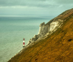 Lighthouse by sea against sky