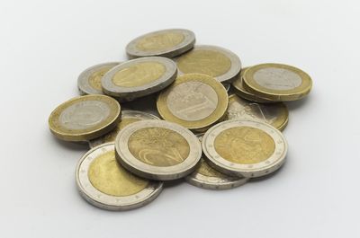 High angle view of coins