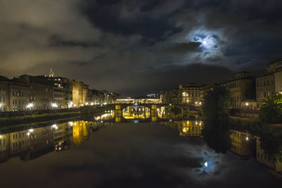 Illuminated buildings by river against sky at night