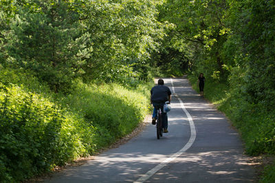 Rear view of woman walking on footpath